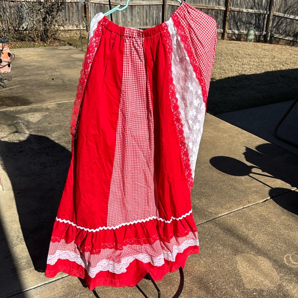 Custom NOS  FULL Prairie Red White Gingham Lace Maxi Skirt Elastic Waist